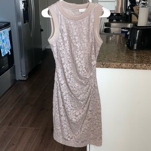 Size 4 Calvin Klein crew neck sheath dress w/ floral lace  in a taupe color.